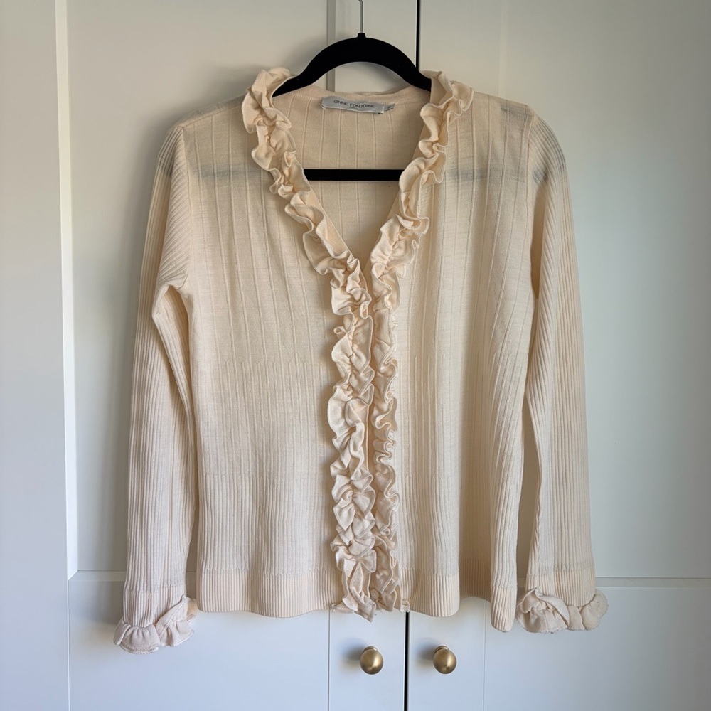 Anne Fontaine Cream Wool Ruffle Ribbed Blouse | 42 - Picture 1 of 6